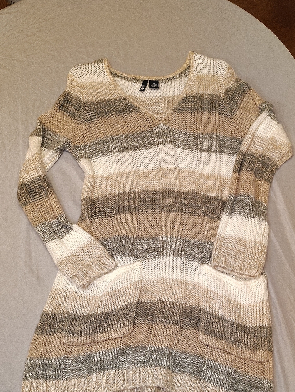Juniors XL Ultra Flirt Striped V-Neck Pocket Sweater Dress - Beige, Gray, White